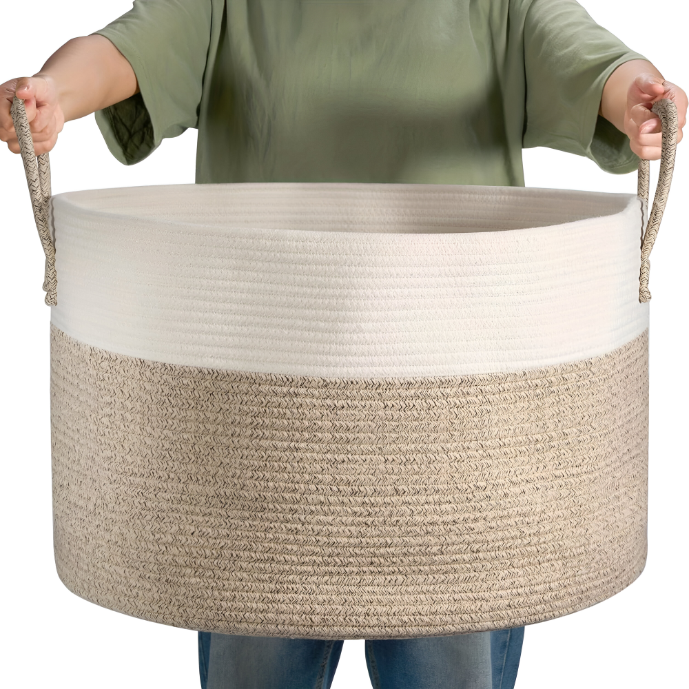 Geweven Opbergmand 51x34cm Bruin-Grijs Wasgoed Speelgoed Organizer met Stevige Handvatten Machinewasbaar Polyester | Sansoti