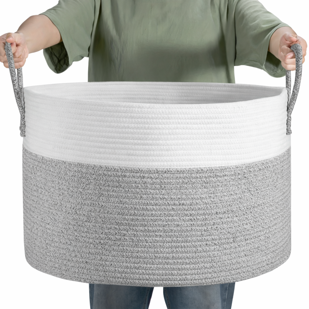 Geweven Opbergmand 51x34cm Bruin-Grijs Wasgoed Speelgoed Organizer met Stevige Handvatten Machinewasbaar Polyester | Sansoti