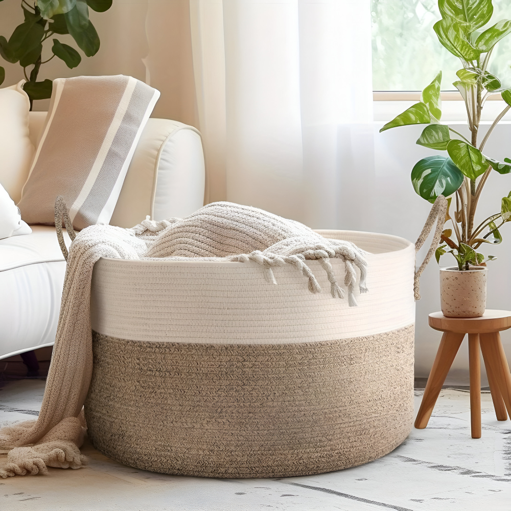 Geweven Opbergmand 51x34cm Bruin-Grijs Wasgoed Speelgoed Organizer met Stevige Handvatten Machinewasbaar Polyester | Sansoti