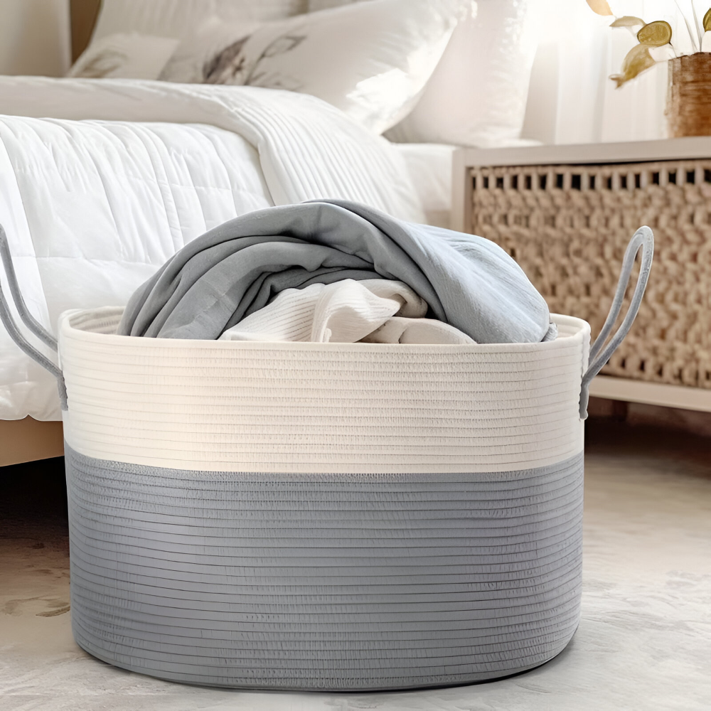 Geweven Opbergmand 51x34cm Bruin-Grijs Wasgoed Speelgoed Organizer met Stevige Handvatten Machinewasbaar Polyester | Sansoti