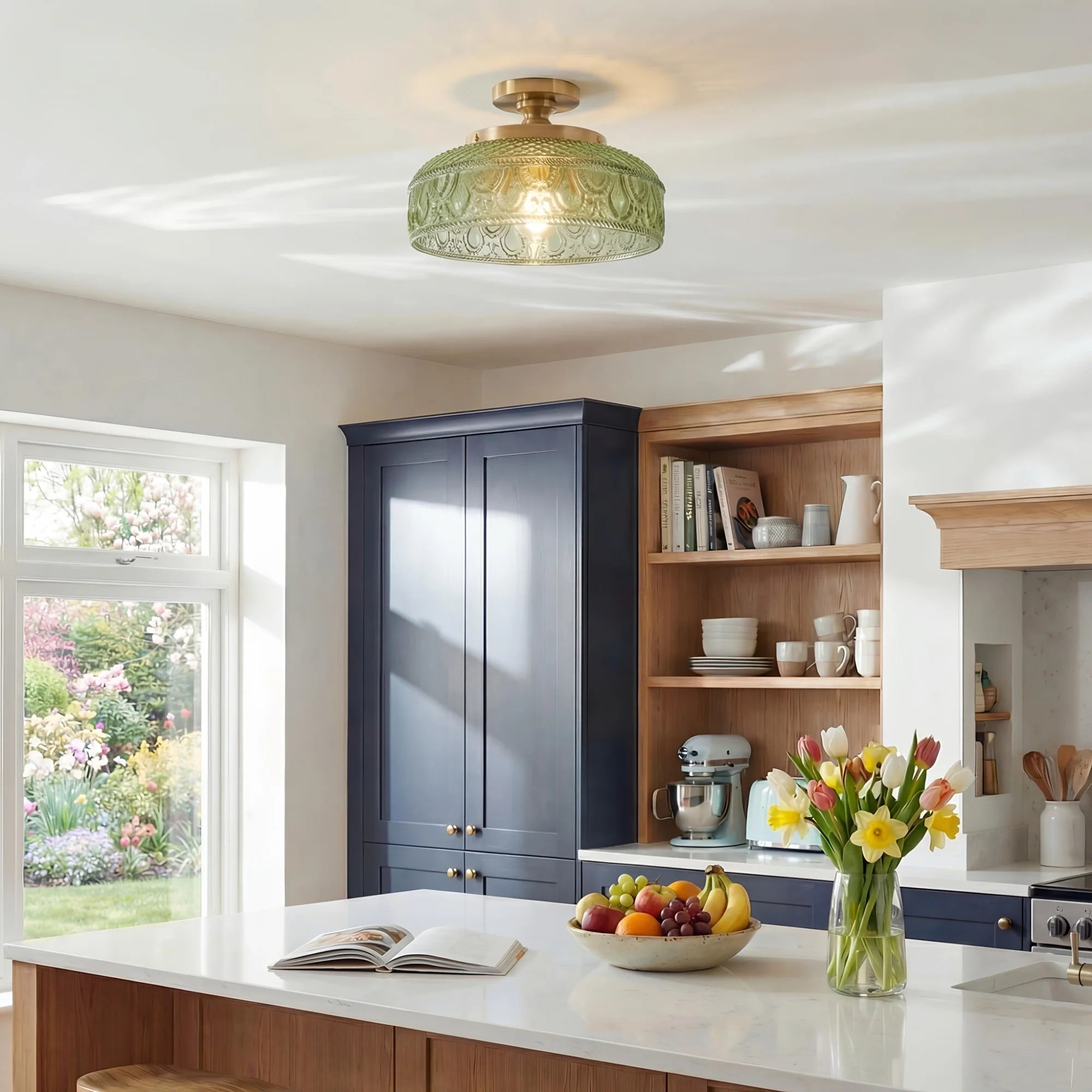 Moderne Plafondlamp met Getextureerde Glazen Schijf – Goud, Zwart & Groen – Ø30cm Designverlichting voor Woonkamer, Slaapkamer, Gang | Sansoti