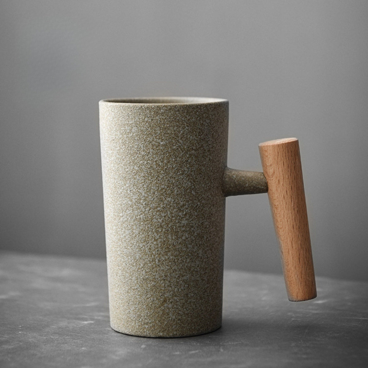 Ceramic Mug 220ml Stone Texture Wooden Handle Coffee Tea Hot Beverage Moment Ergonomic Comfort Kitchen | Sansoti