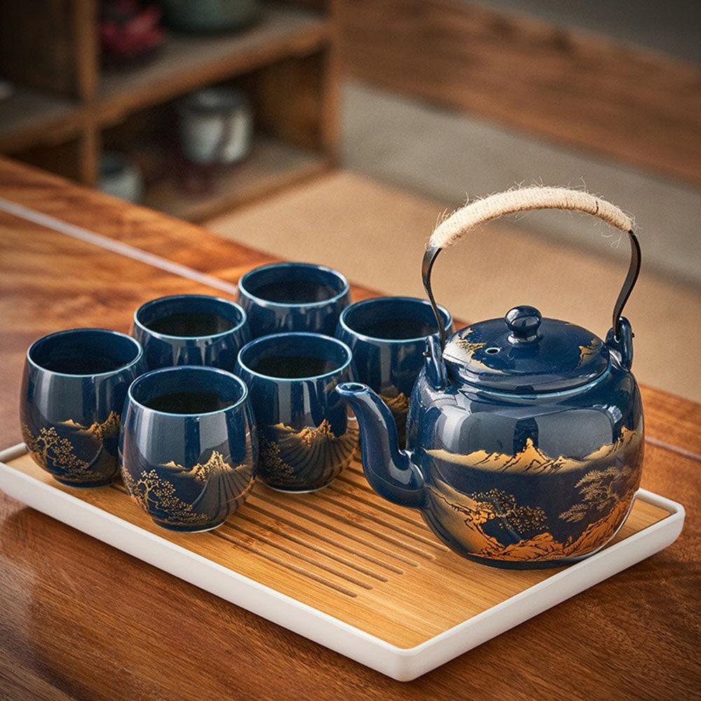 Japanische Gongfu Tee-Set mit Tablett Porzellan Blau Berglandschaft 8-teilig | Restfield