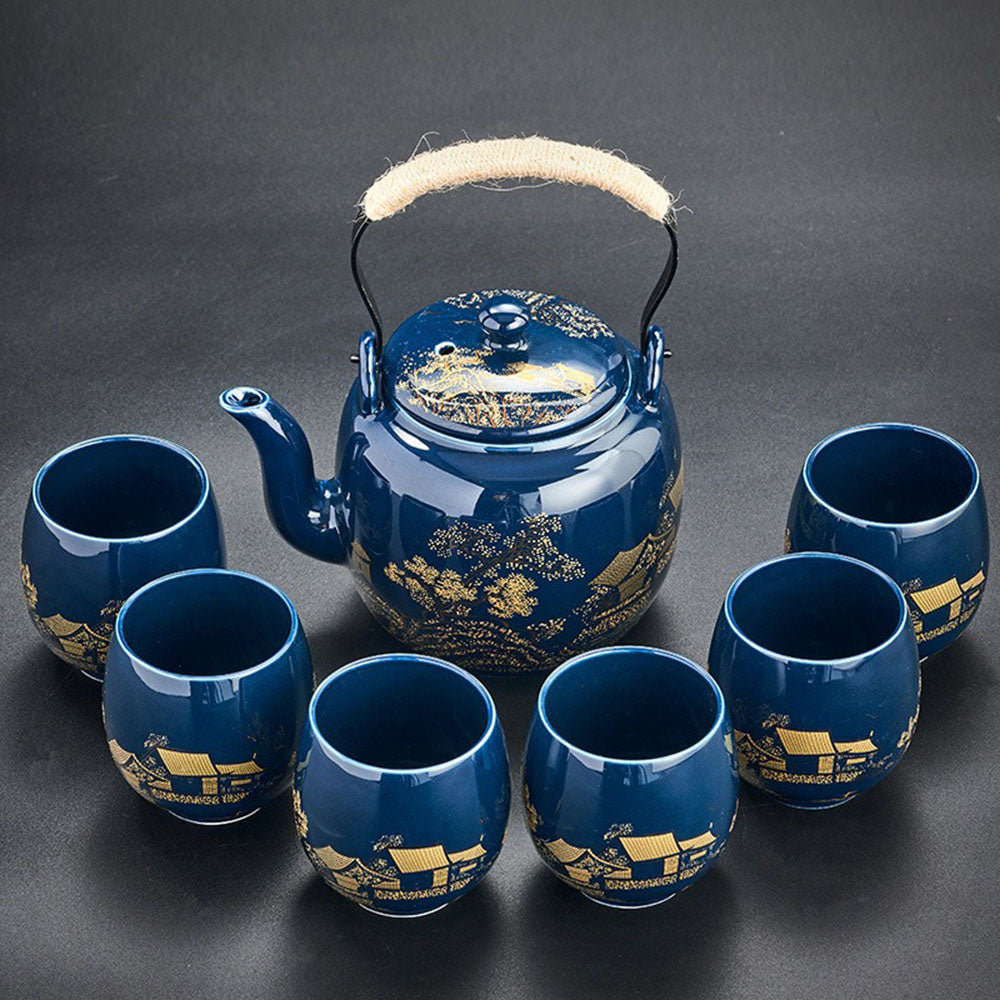 Japanische Gongfu Tee-Set mit Tablett Porzellan Blau Berglandschaft 8-teilig | Restfield