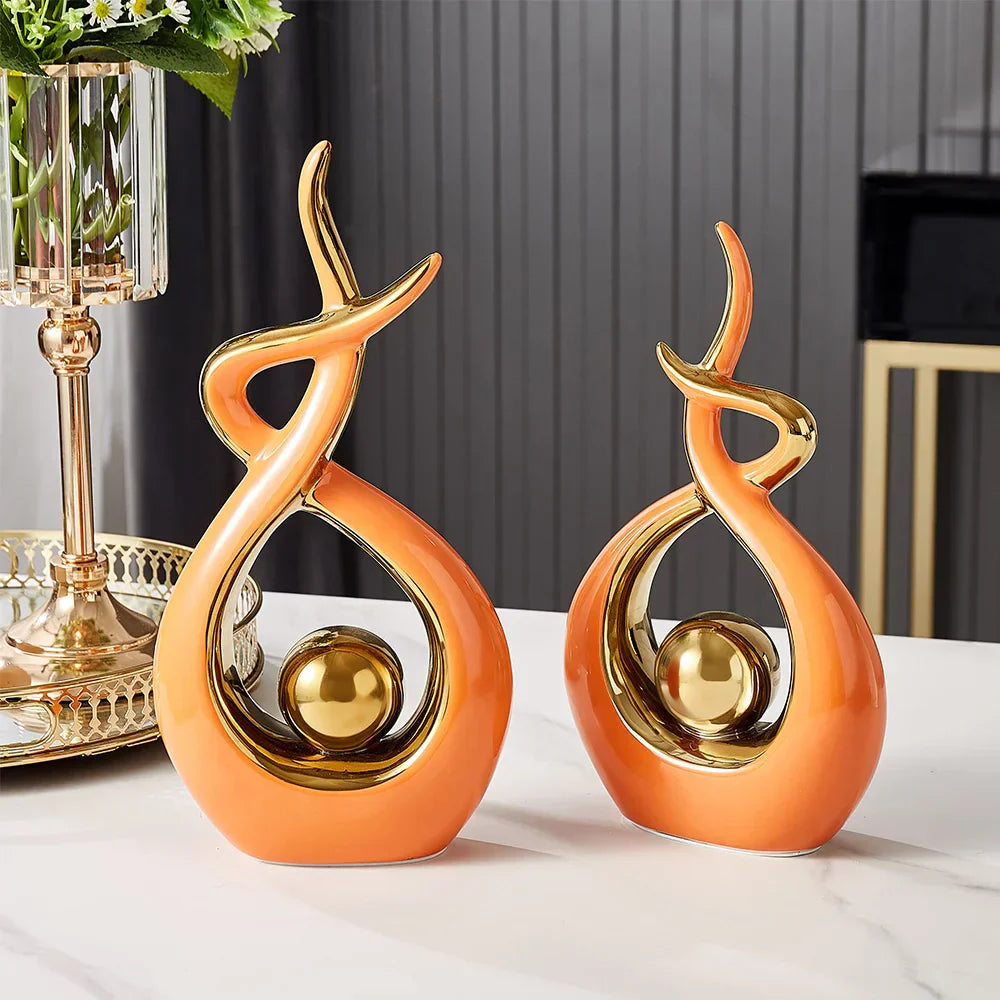 Decoratieve Sculptuur Keramiek Goud Groen Abstract 31cm Woonkamer Tafel Beeld Modern Kunstobject Interieur Decoratie | Sansoti