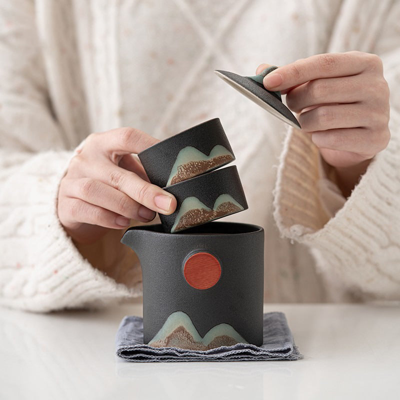 Reise-Teeset Japanische Keramik mit Teekanne Tassen Reisetasche Berglandschaft Kompakt | Restfield