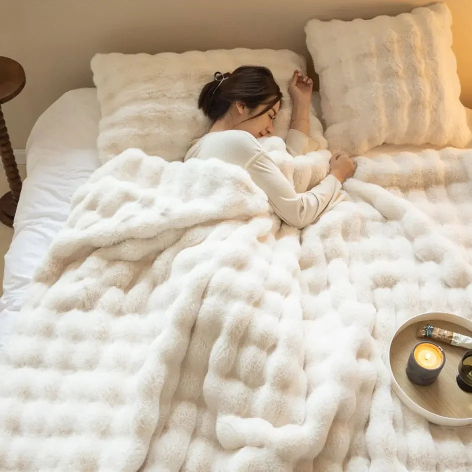 Pluche Plaid Lichtbruin Beige Wit Hemelsblauw 100-230 cm Zachte Woonplaid voor Bed Bank Slaapkamer Woonkamer | Sansoti