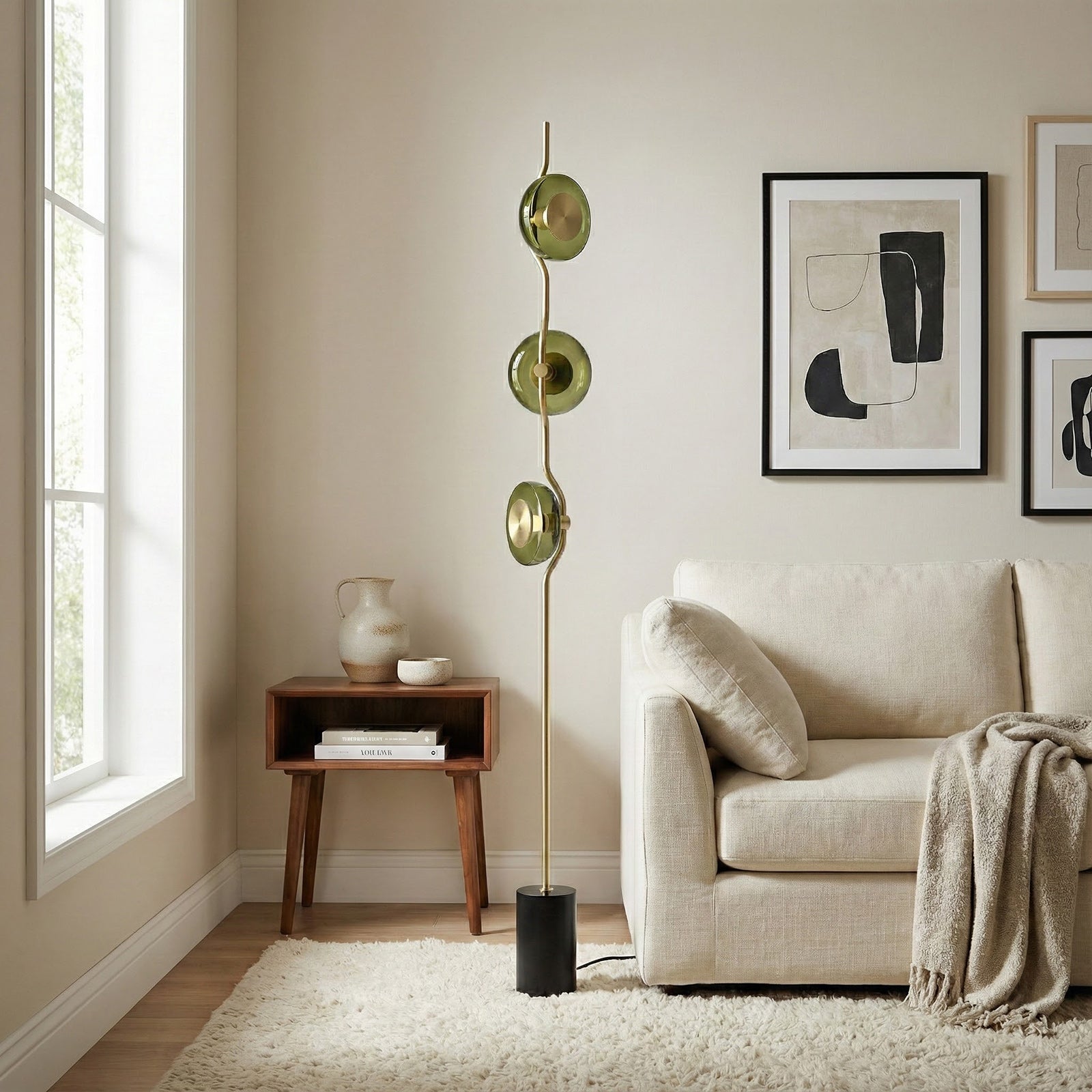 Vloerlamp met groen glas en geïntegreerde LED | 180 cm hoog | moderne vloerverlichting met sculptuur | Sansoti