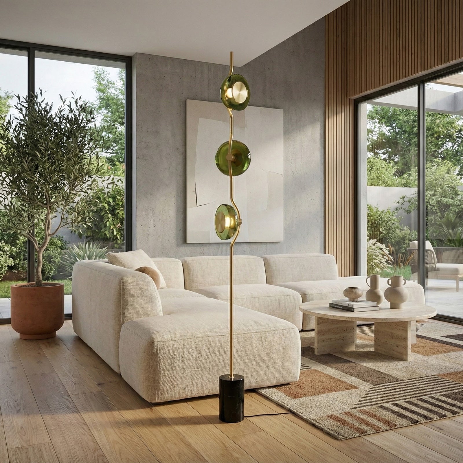 Vloerlamp met groen glas en geïntegreerde LED | 180 cm hoog | moderne vloerverlichting met sculptuur | Sansoti