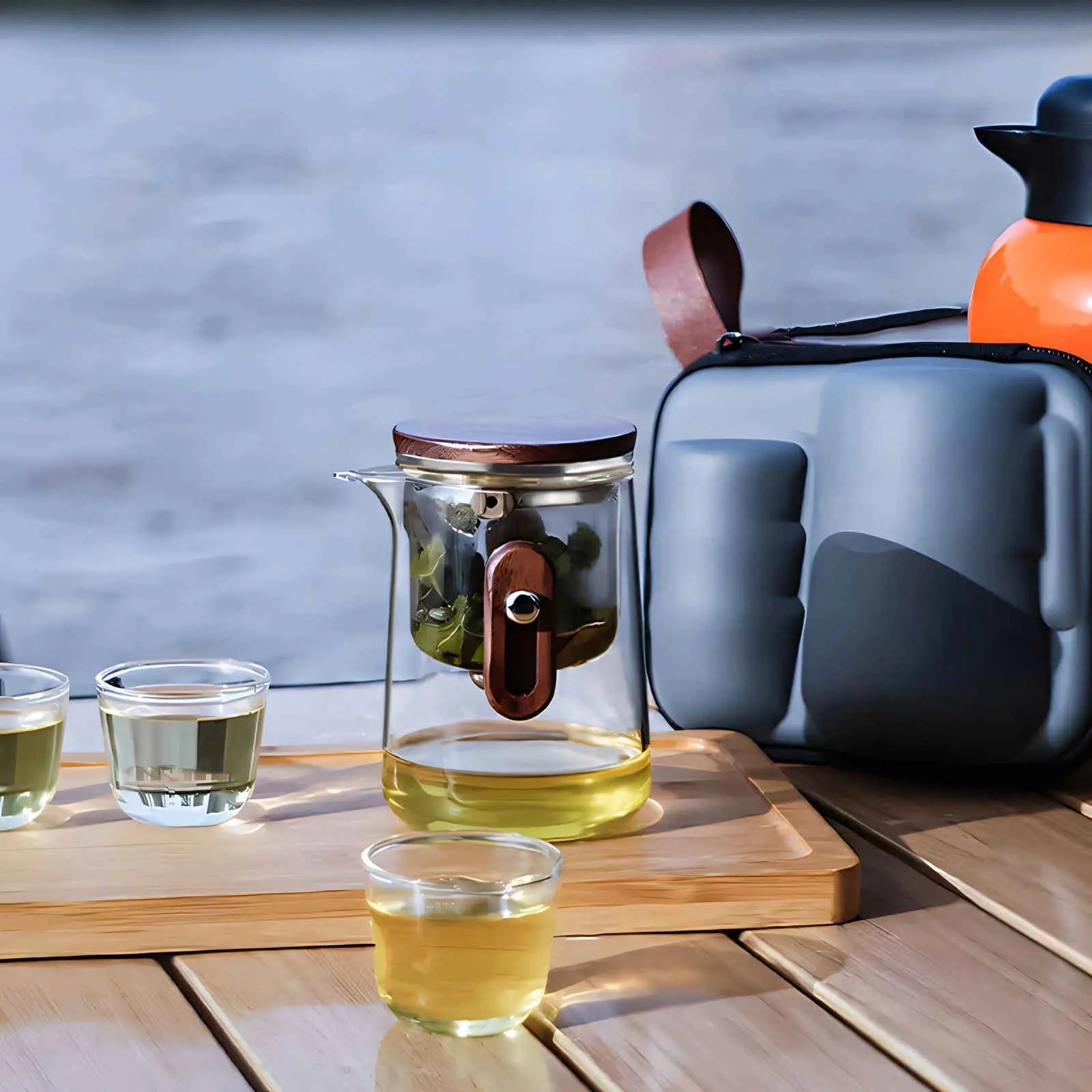 Théière de Voyage en Verre 330ml Borosilicate avec Tasses et Valise de Transport Camping Plein Air | Restfield
