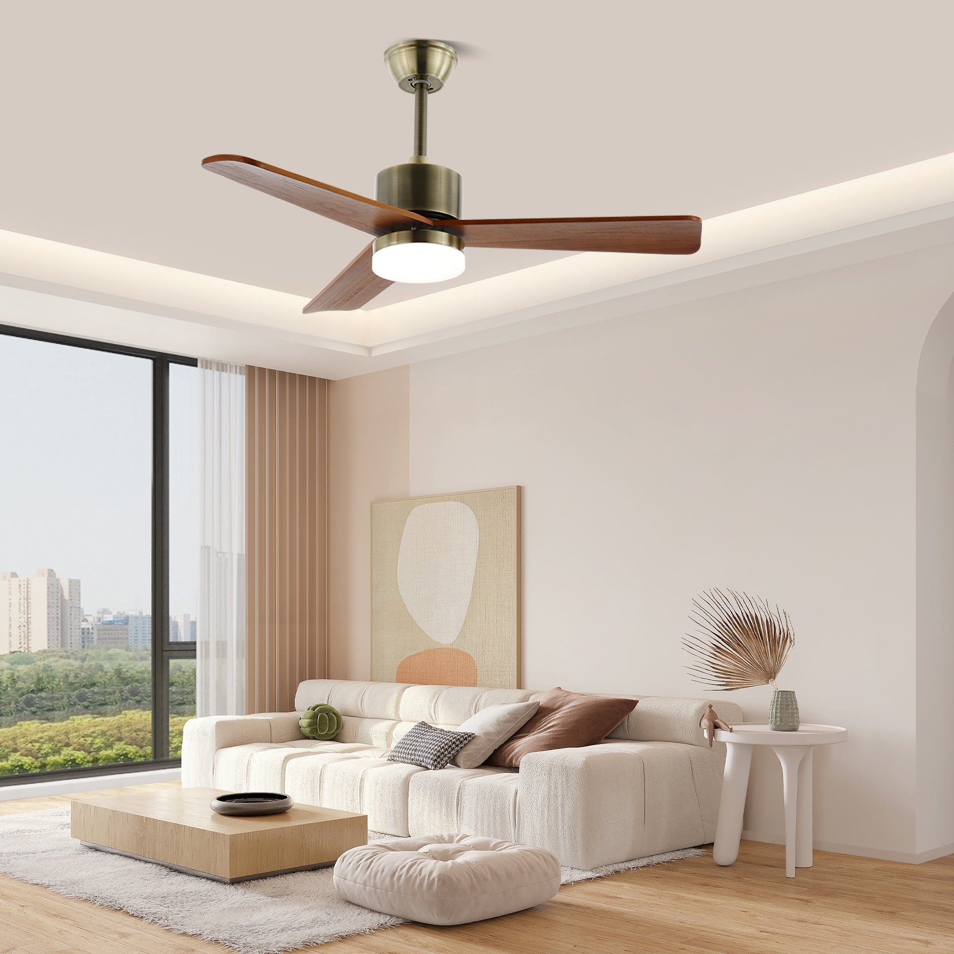 Plafondventilator met Verlichting – Minimalistische Ventilator in Zilver en Hout – 6 Snelheden – Afstandsbediening – 106/132 cm – LED 35W – Plafondverlichting met Ventilatiefunctie | Sansoti