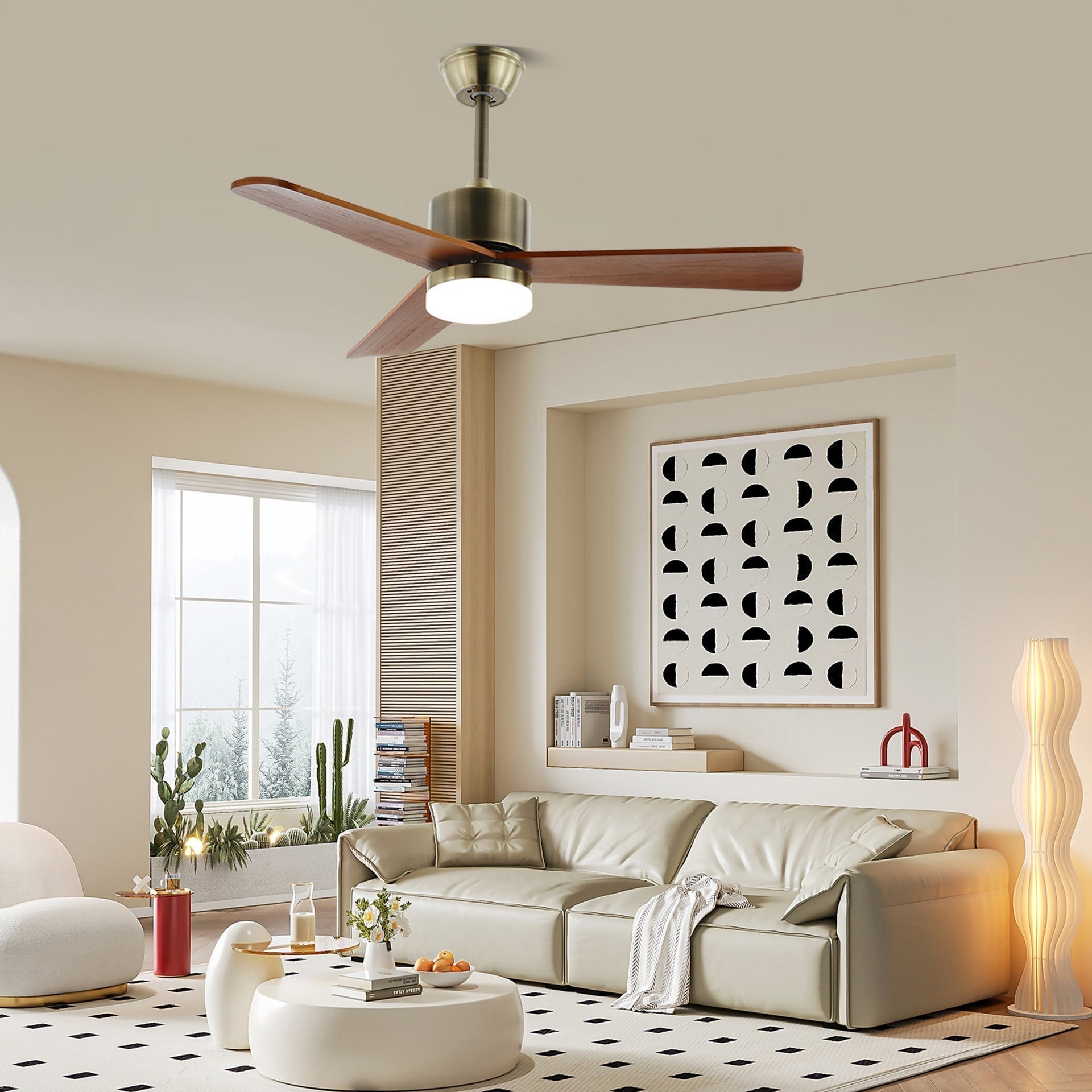 Plafondventilator met Verlichting – Minimalistische Ventilator in Zilver en Hout – 6 Snelheden – Afstandsbediening – 106/132 cm – LED 35W – Plafondverlichting met Ventilatiefunctie | Sansoti