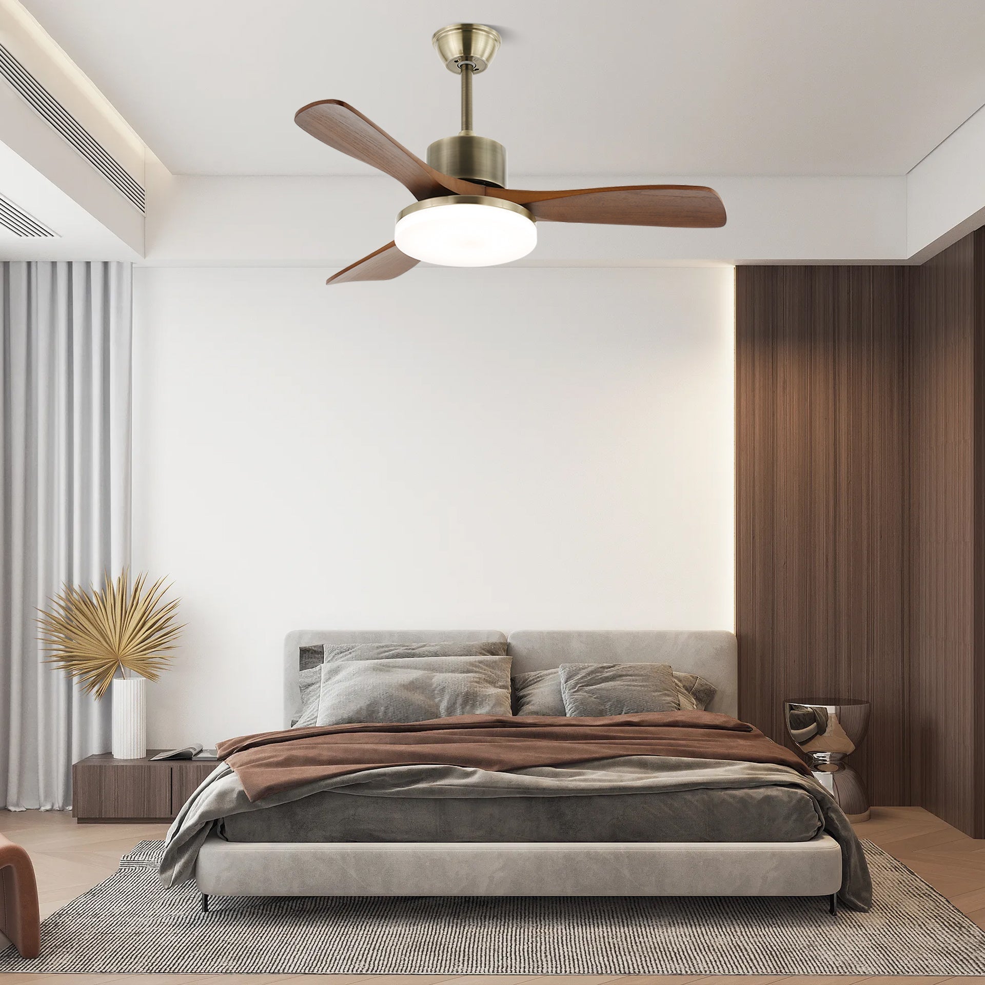 Plafondventilator met Verlichting – Minimalistische Ventilator in Zilver en Hout – 6 Snelheden – Afstandsbediening – 106/132 cm – LED 35W – Plafondverlichting met Ventilatiefunctie | Sansoti