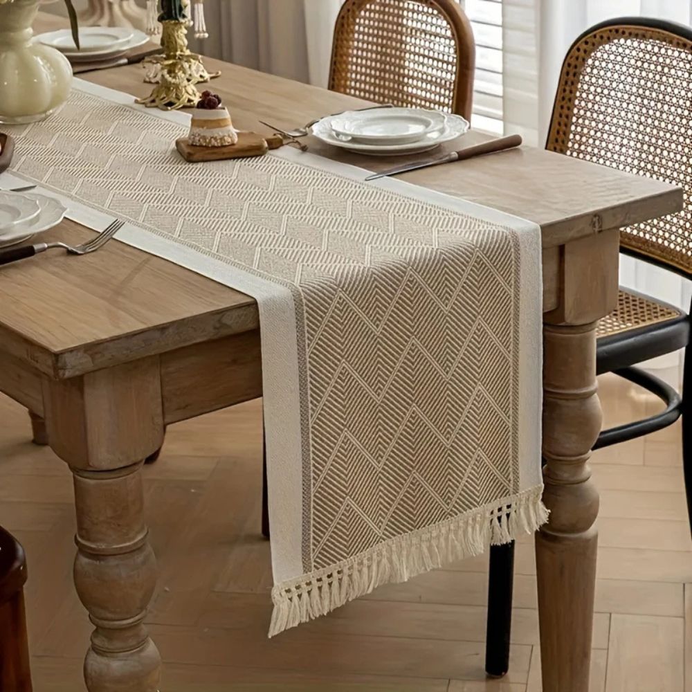 Chemin de table tissé de luxe à motif zigzag – Chemin de table scandinave pour table à manger et intérieur