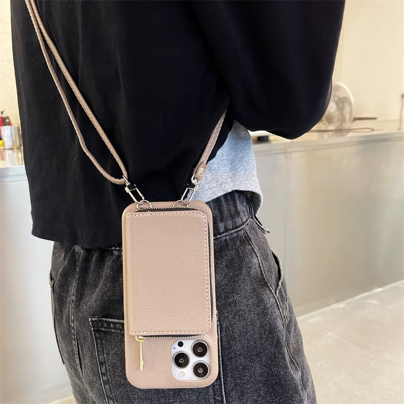 Telefoonhoesje met Portemonnee Crossbody Band iPhone Kunstleer Kaarthouder Standaard Handsfree Bescherming | Sansoti