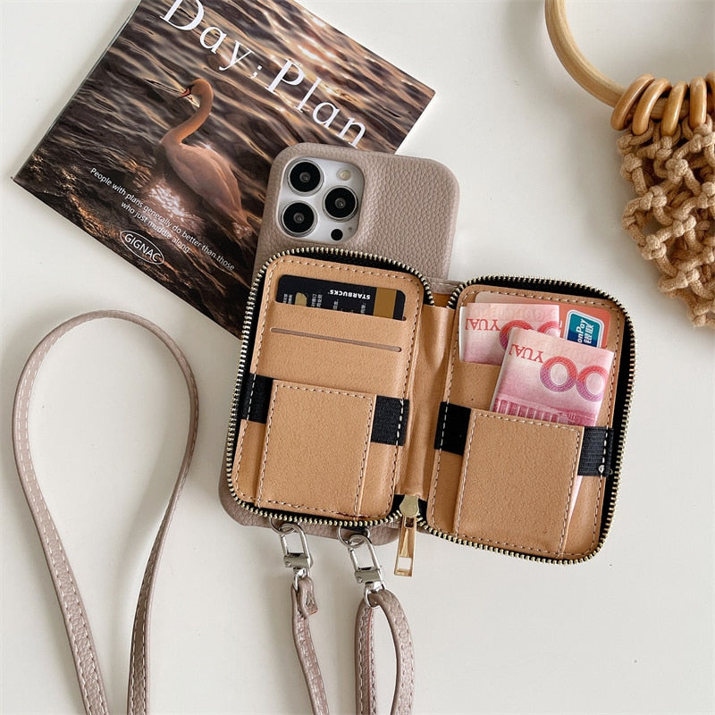 Telefoonhoesje met Portemonnee Crossbody Band iPhone Kunstleer Kaarthouder Standaard Handsfree Bescherming | Sansoti