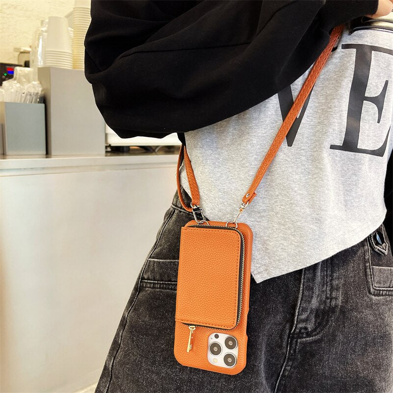 Telefoonhoesje met Portemonnee Crossbody Band iPhone Kunstleer Kaarthouder Standaard Handsfree Bescherming | Sansoti