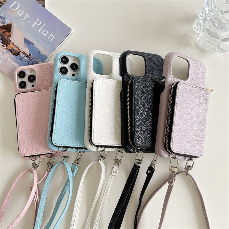 Telefoonhoesje met Portemonnee Crossbody Band iPhone Kunstleer Kaarthouder Standaard Handsfree Bescherming | Sansoti