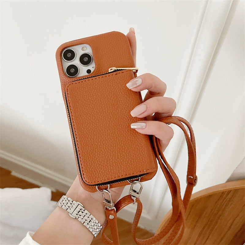 Telefoonhoesje met Portemonnee Crossbody Band iPhone Kunstleer Kaarthouder Standaard Handsfree Bescherming | Sansoti