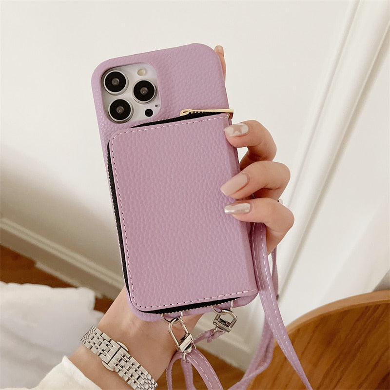 Telefoonhoesje met Portemonnee Crossbody Band iPhone Kunstleer Kaarthouder Standaard Handsfree Bescherming | Sansoti