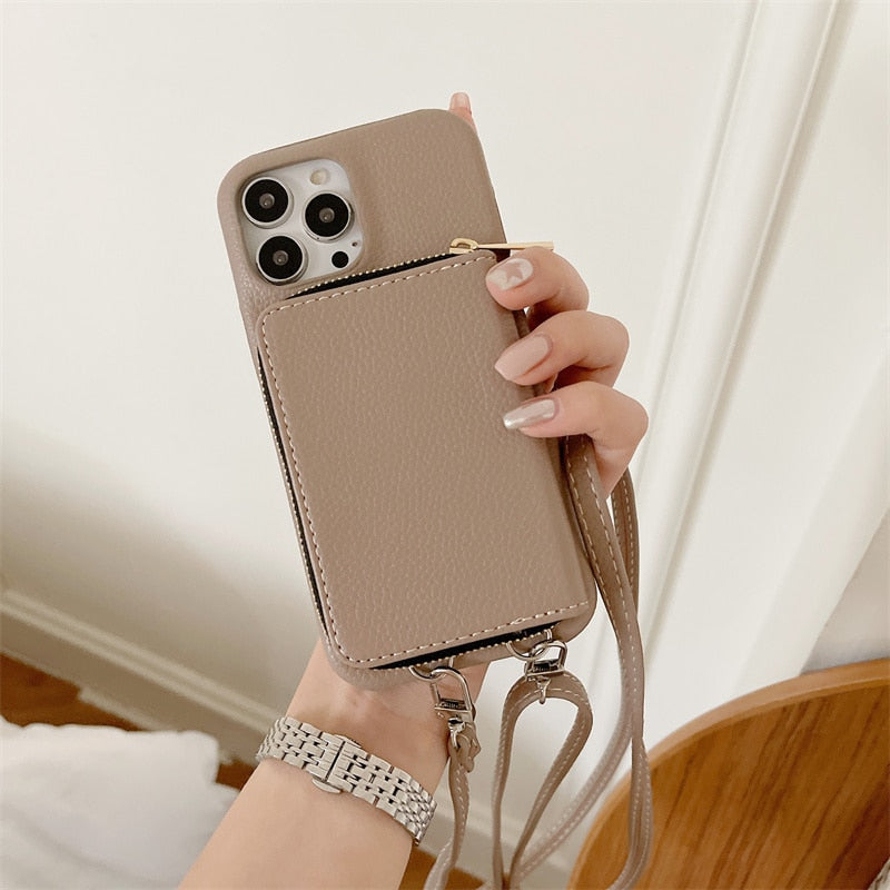 Telefoonhoesje met Portemonnee Crossbody Band iPhone Kunstleer Kaarthouder Standaard Handsfree Bescherming | Sansoti