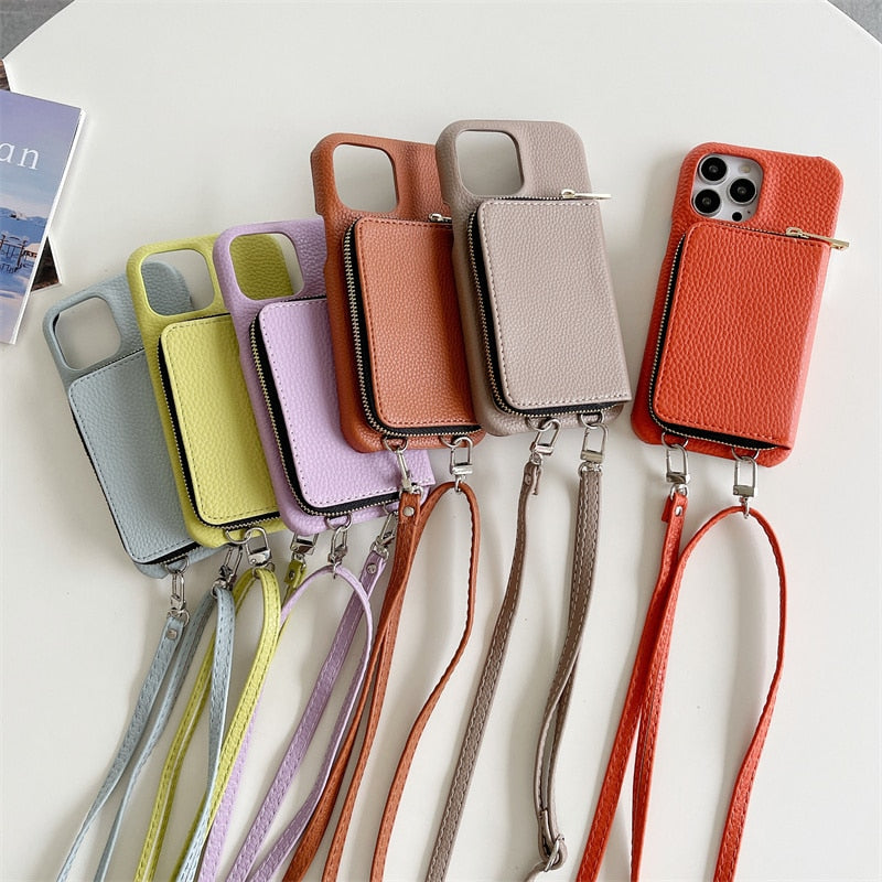 Telefoonhoesje met Portemonnee Crossbody Band iPhone Kunstleer Kaarthouder Standaard Handsfree Bescherming | Sansoti