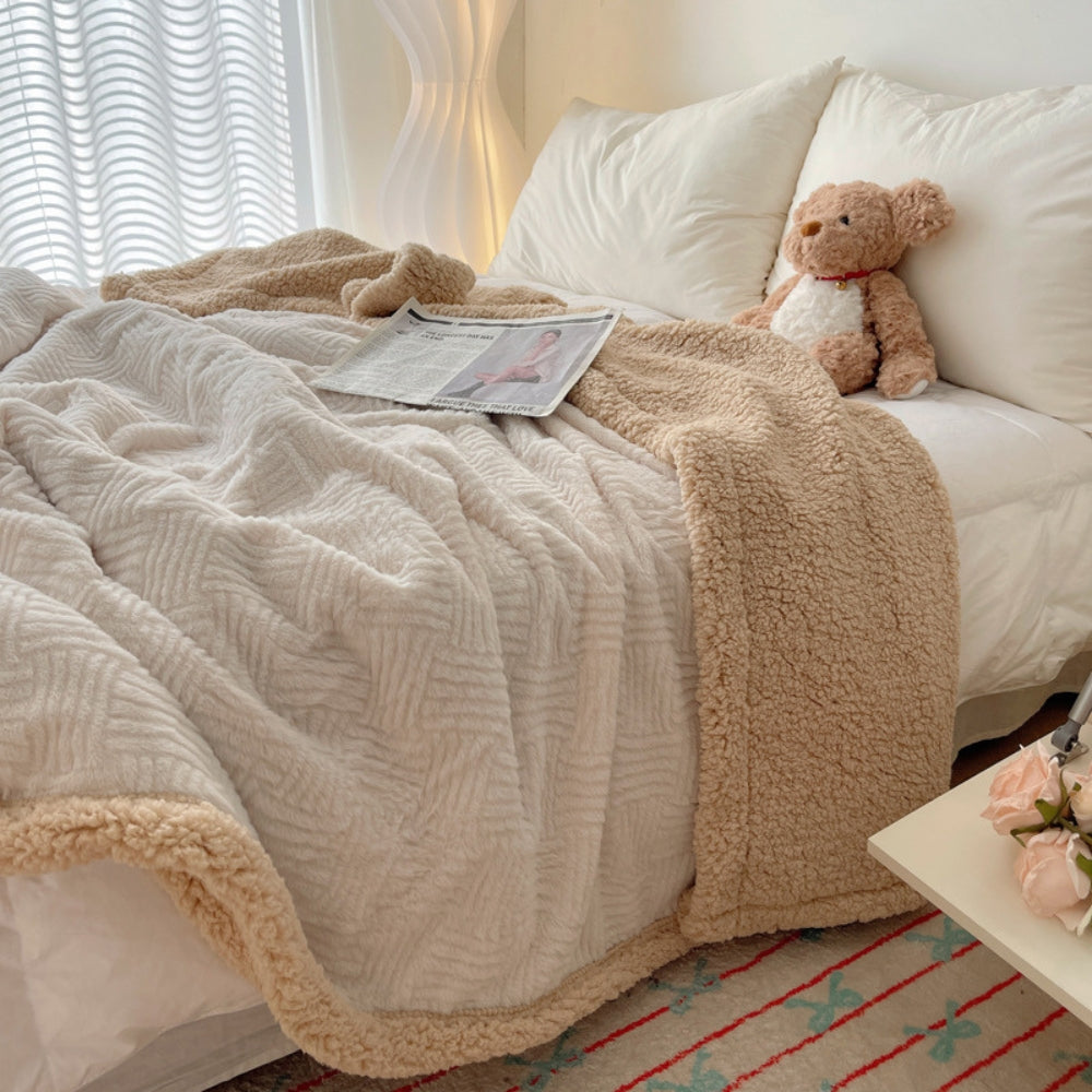 Jacquard-Decke aus Kaninchenplüsch, doppelseitiges Lammfell-Fleece, warm, Schlafzimmer, Wohnzimmer, Sofa, Couch | Sansoti