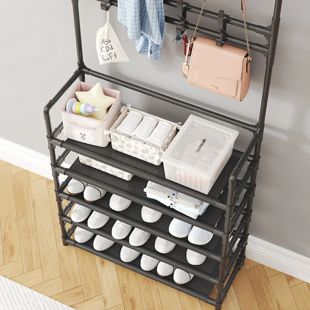 Schuhregal mit Garderobe Schwarz 5 Etagen Stahl Flur Organizer | Restfield