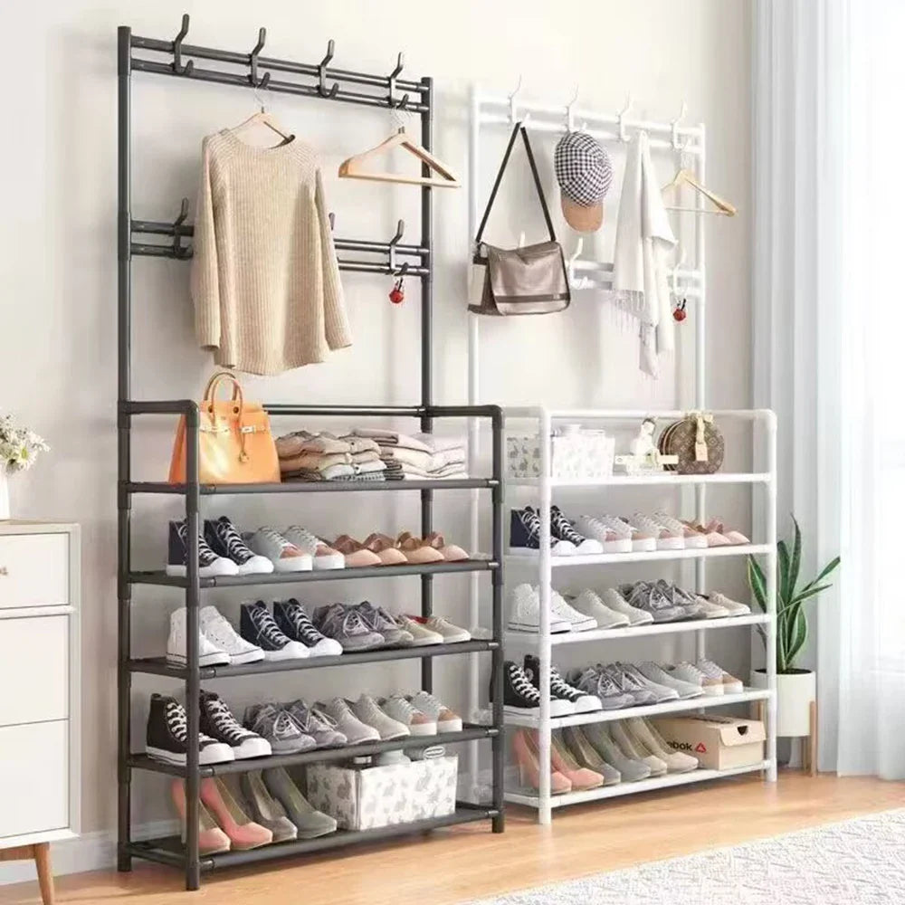 Schuhregal mit Garderobe Schwarz 5 Etagen Stahl Flur Organizer | Restfield