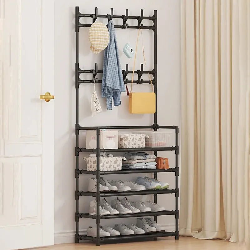 Schuhregal mit Garderobe Schwarz 5 Etagen Stahl Flur Organizer | Restfield