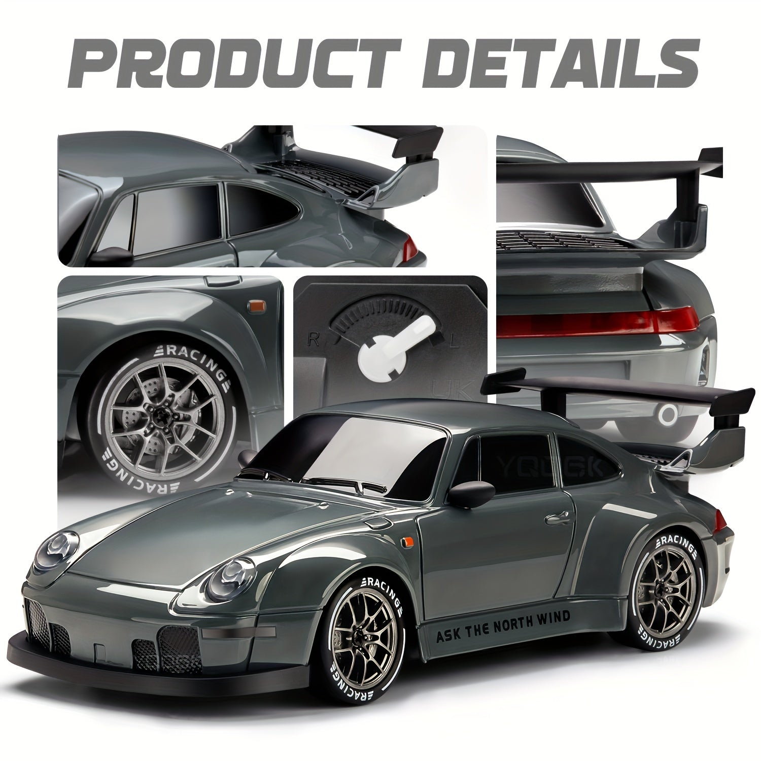 RC drift auto 1:24 4WD grijs met verlichte wielen afstandsbediening extra banden driftauto speelgoed auto usb oplaadbaar | Sansoti