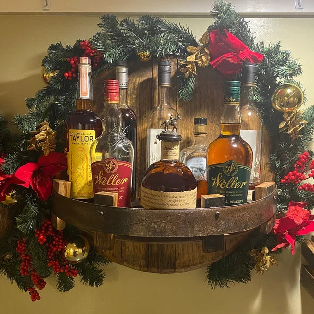 Drankendisplay Hout Rond Wandrek 4 Flessen Bruin Wandplank Bar Keuken Flessenhouder Rustiek Industrieel Interieur | Sansoti