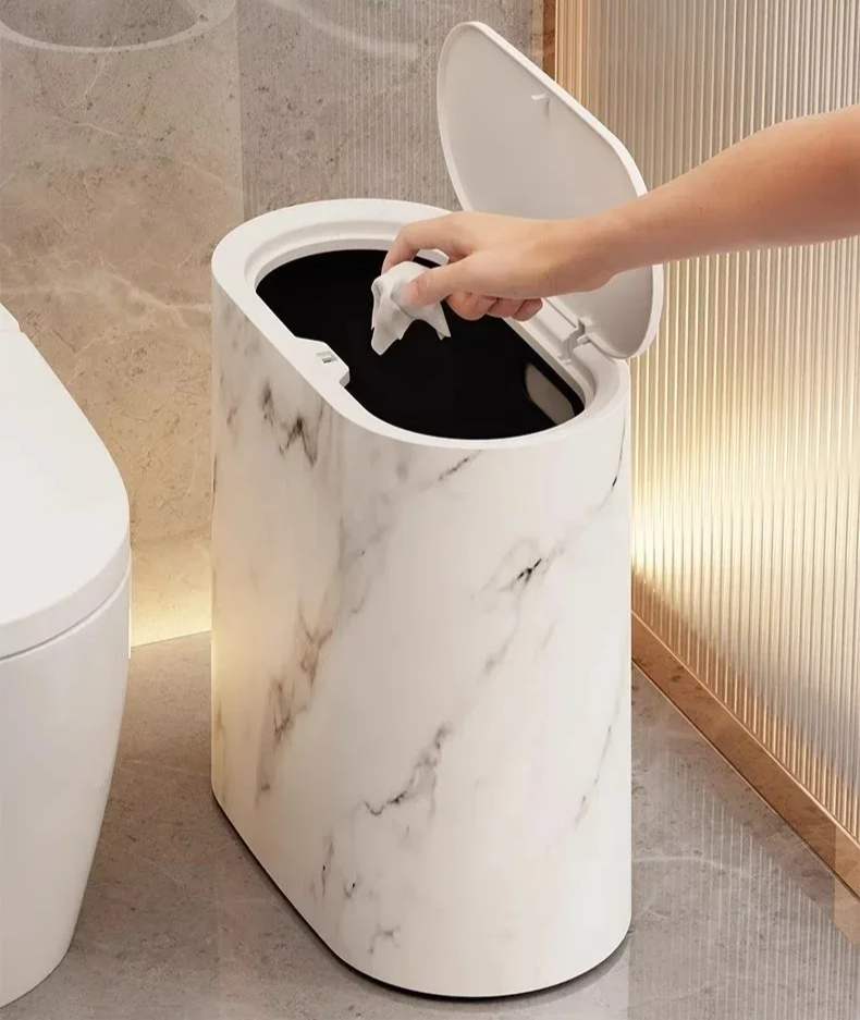 Afvalbak Marmerdesign Ellips Push Deksel Badkamer WC Kantoor Nordic Scandinavisch Compact Hygiënisch | Sansoti