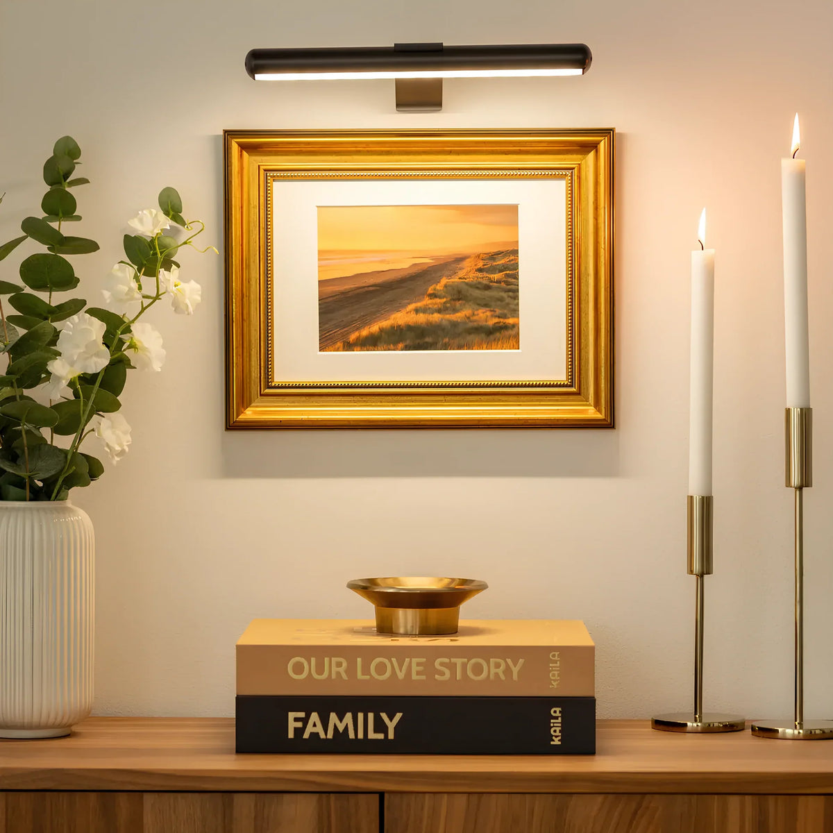 Kabellose dimmbare LED-Wandlampe, um 360° verstellbar, für Kunstwerke, Gemälde und Fotos, schwarze, weiße und goldene Akzentbeleuchtung | Sansoti