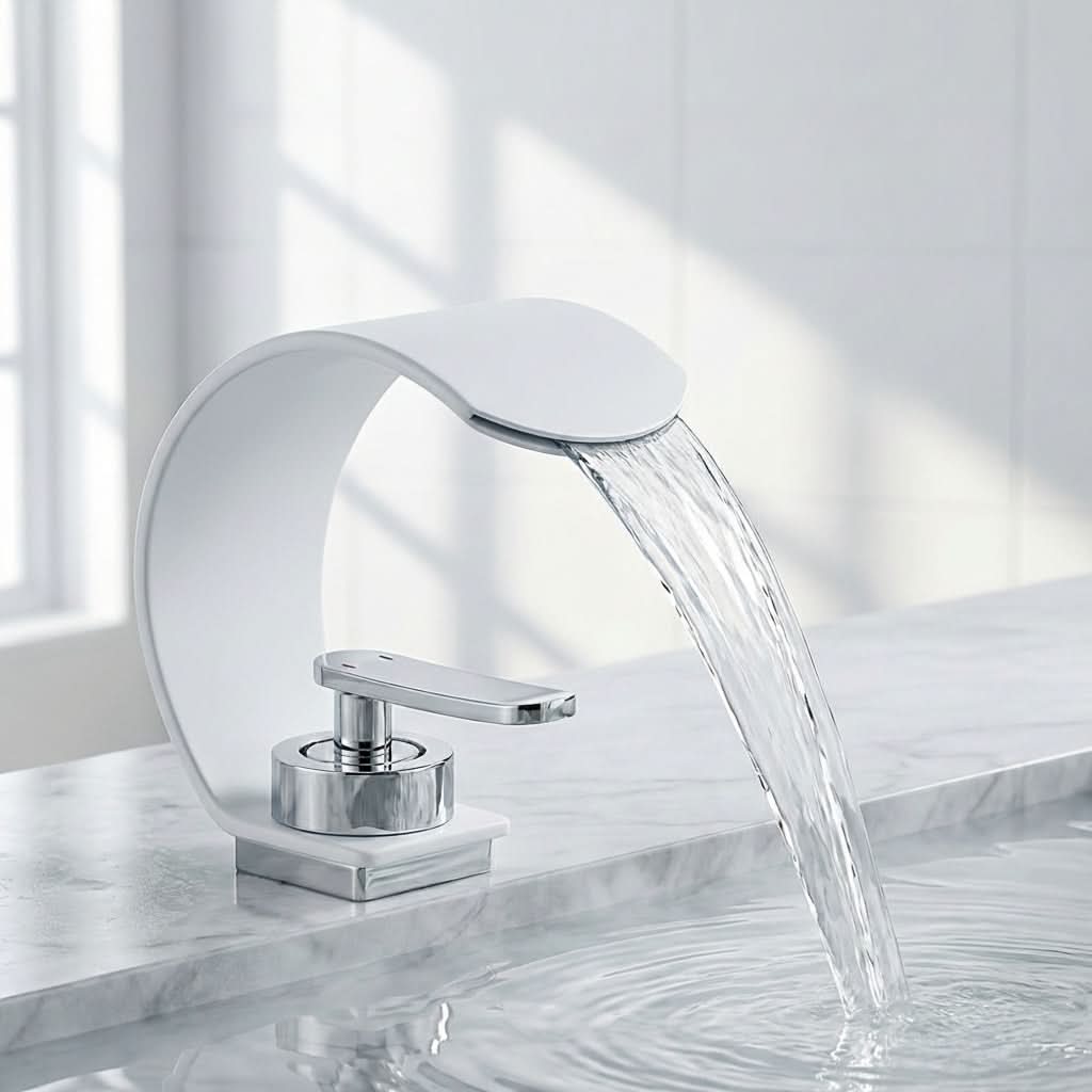 Wasserfall-Waschtischarmatur, gebogen, Chrom, Edelstahl, Spiegelfinish, Einhebelmischer, Einlochmontage, moderne Badarmatur | Sansoti