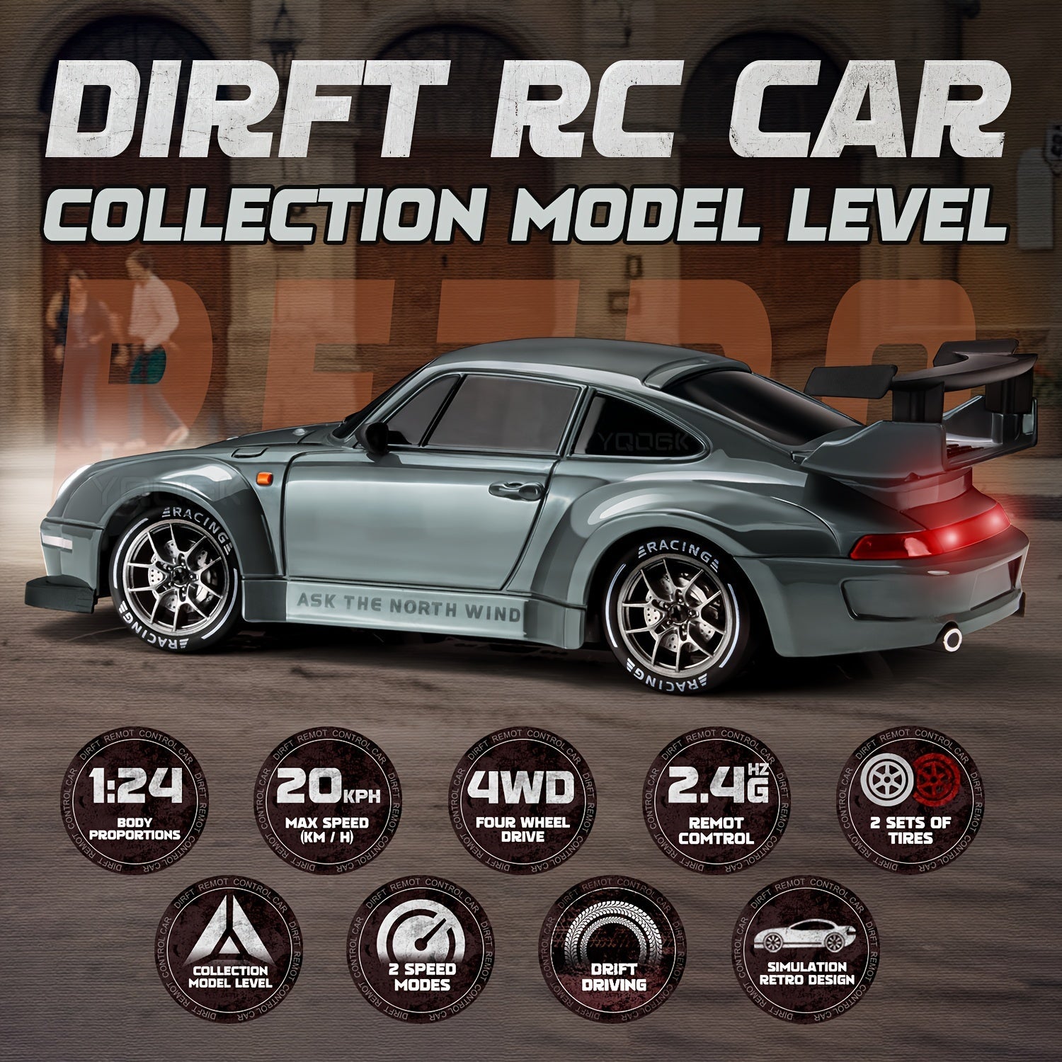 RC drift auto 1:24 4WD grijs met verlichte wielen afstandsbediening extra banden driftauto speelgoed auto usb oplaadbaar | Sansoti