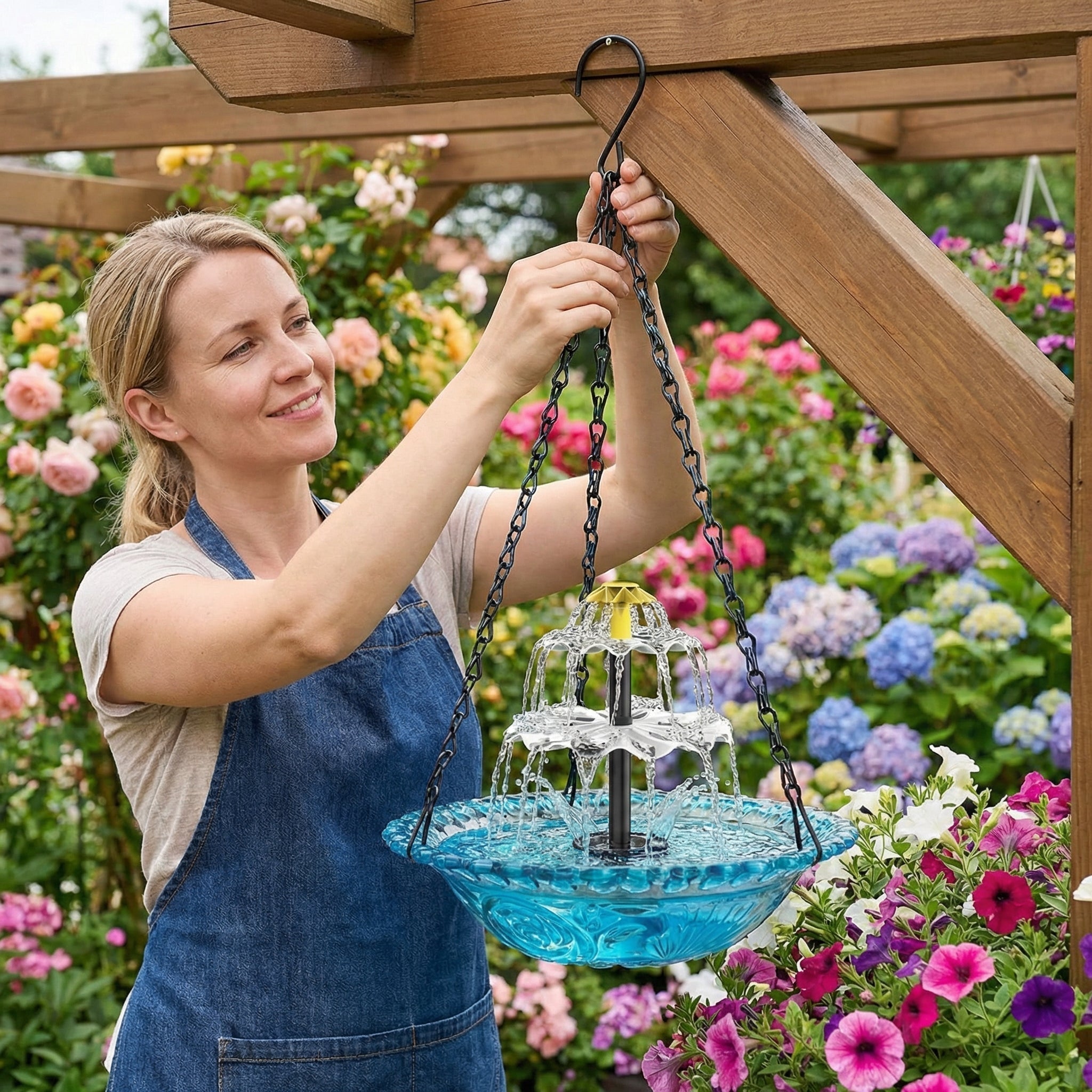 Hangende Zonnevogeldrinkbak Glas Fontein 2-Traps 25,5cm Tuin Terras Balkon Zonne-energie Kabellos Vogelbad Waterval Blauw Roze Zwart | Sansoti