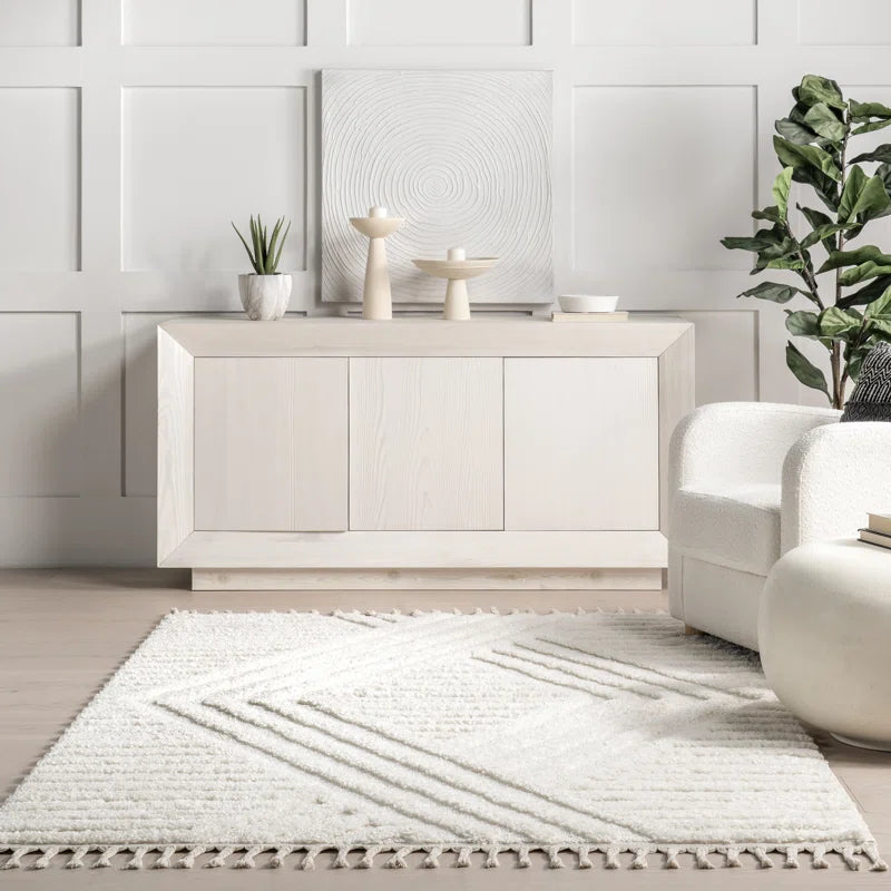 Japandi Vloerkleed Hoogpolig Geometrisch Franjes Creme Polypropeen Woonkamer Slaapkamer | Sansoti
