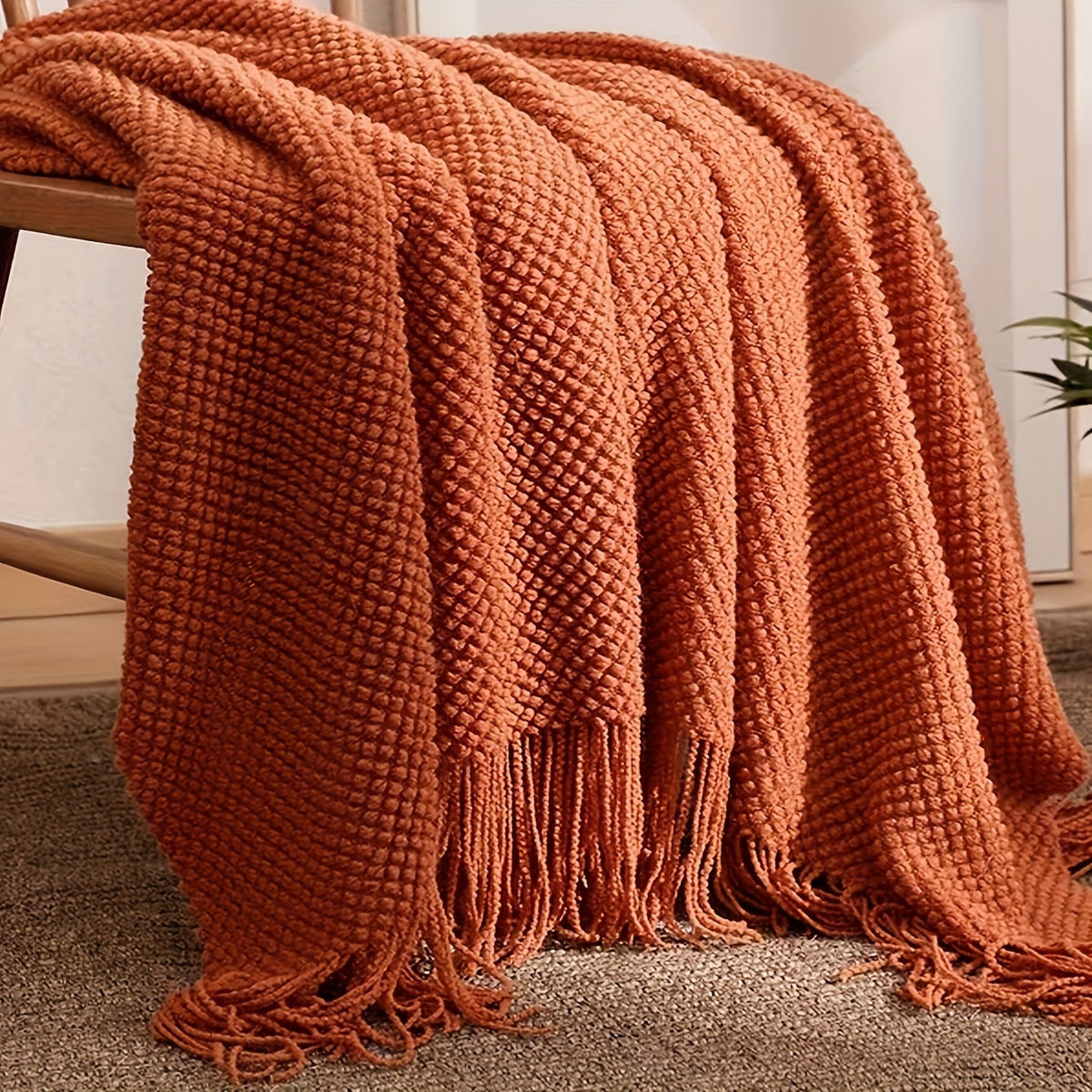 Plaid tricoté à pompons, tons orange, 130x160 cm, couverture en polyester, jeté de canapé, décoration chaleureuse pour le salon | Sansoti