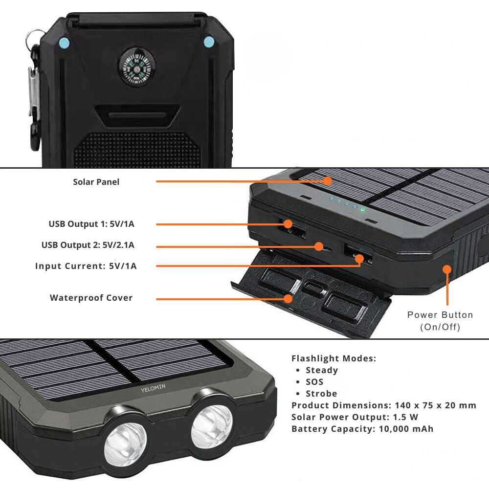 Solar-Powerbank 10000 mAh mit wasserdichtem Gehäuse für den Außenbereich | Restfield