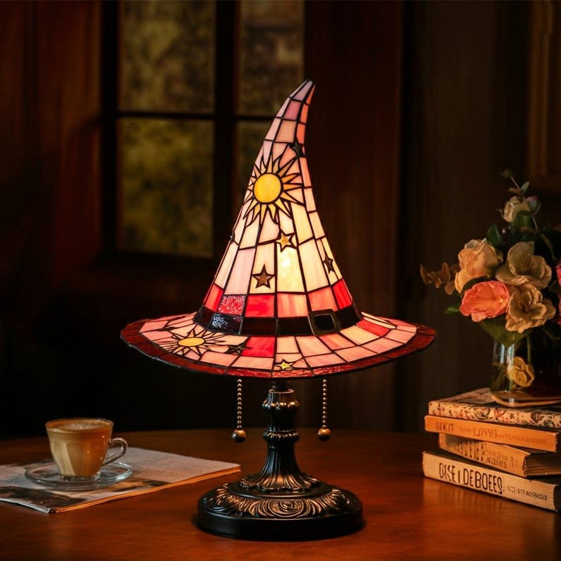 Dekorative Hexenhut-Lampe mit warmem LED-Licht, 35 cm, Gothic-Stimmungsbeleuchtung für Tisch und Schrank, Halloween-Dekoration | Sansoti