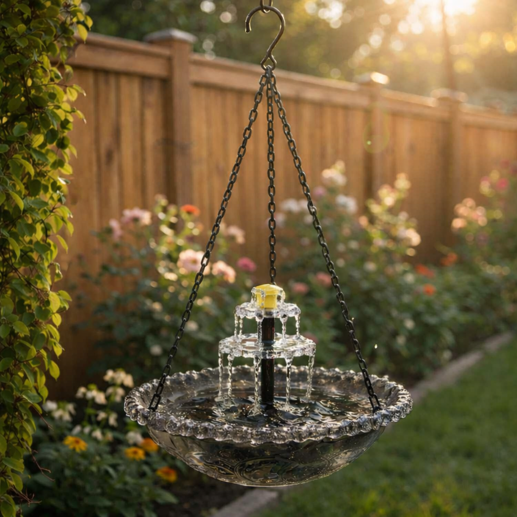 Hangende Vogelbadwaterfontein op Zonne-energie Tweeniveaus Glas Metaal voor Tuin Terras Balkon | Sansoti