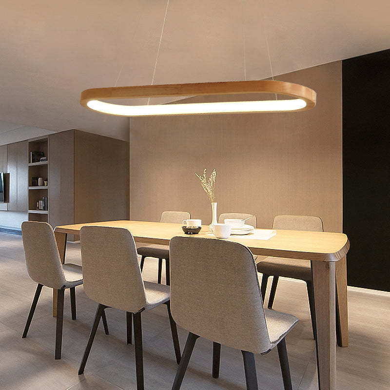 Suspension ovale en bois avec éclairage LED pour salle à manger, salon et cuisine, design scandinave, lumière chaleureuse | Sansoti