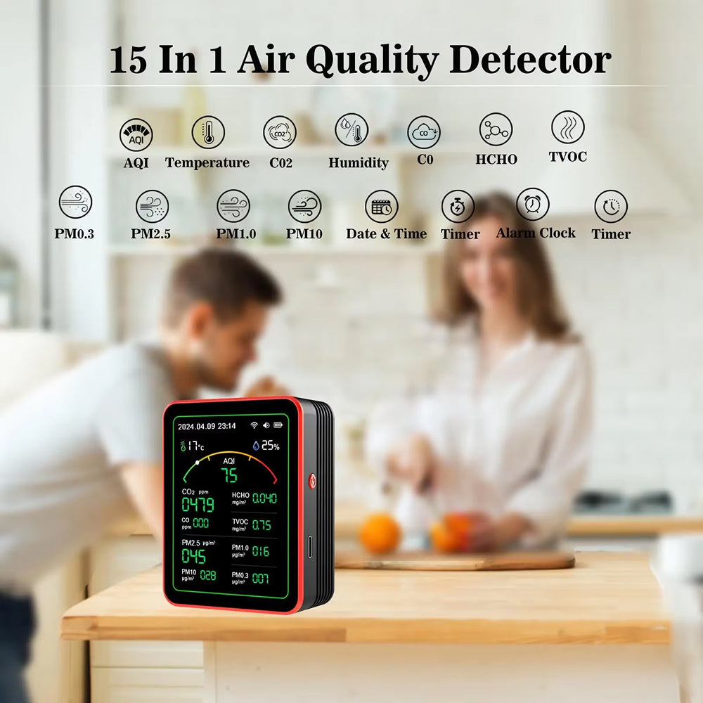 Moniteur de qualité de l’air 15-en-1 avec WiFi, CO2, formaldéhyde et COVT, surveillance des particules fines pour la maison, le bureau et le salon | Sansoti