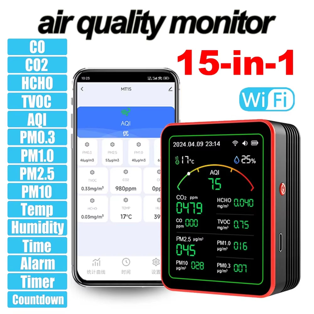 Moniteur de qualité de l’air 15-en-1 avec WiFi, CO2, formaldéhyde et COVT, surveillance des particules fines pour la maison, le bureau et le salon | Sansoti