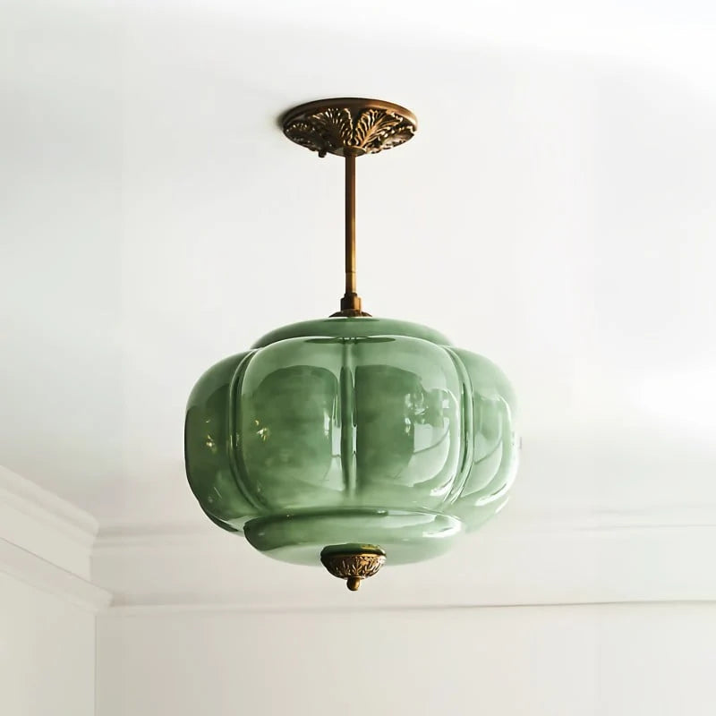 Antique Brass Plafondlamp met Groen Glas Pompoendesign - Elegante Hanglamp voor Eetkamer Keukeneiland Slaapkamer | Sansoti