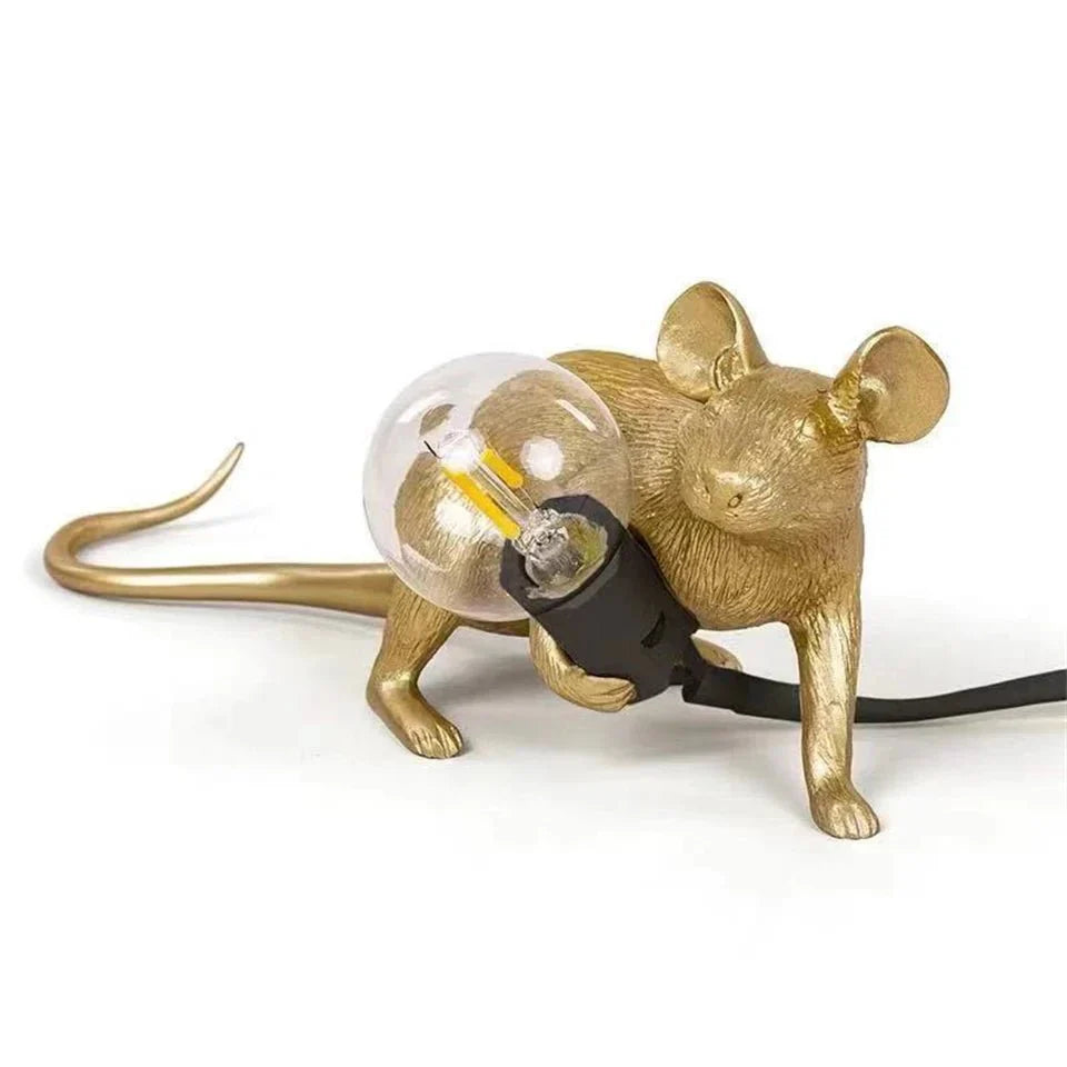 Design Maus Tischleuchte | Dekorative Tischlampe aus Harz mit Leuchtmittel – Gold oder Weiß