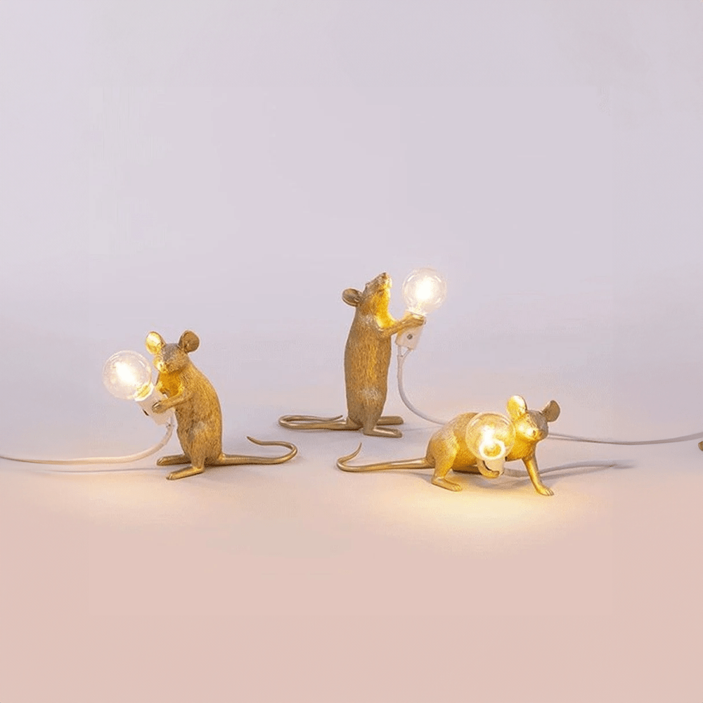 Design Maus Tischleuchte | Dekorative Tischlampe aus Harz mit Leuchtmittel – Gold oder Weiß