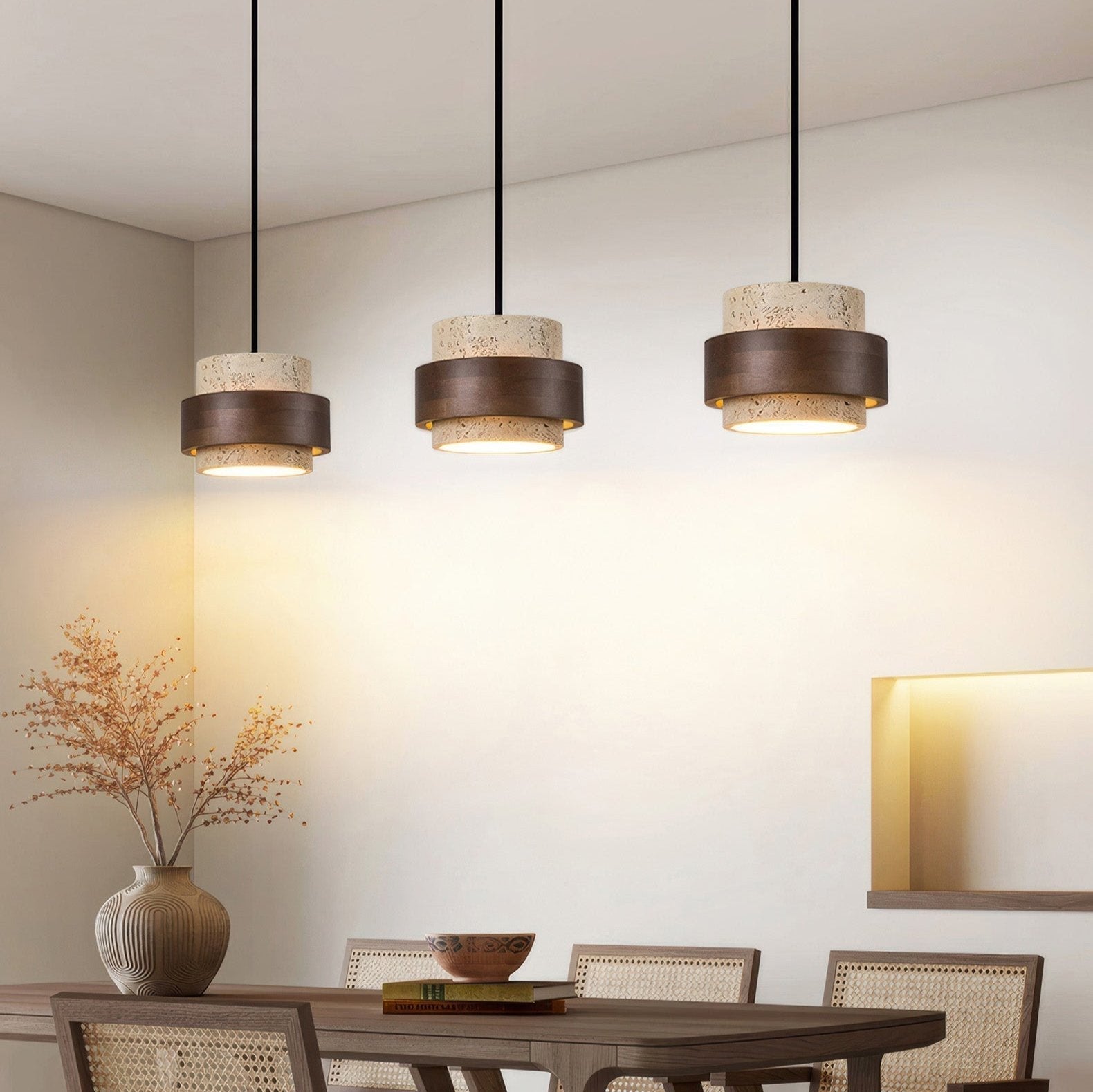 Lampa wisząca z kamienia naturalnego i drewna, styl wabi-sabi, regulowana, do jadalni, baru i kuchni, oświetlenie z 1, 2, 3 lub 4 reflektorami LED | Sansoti