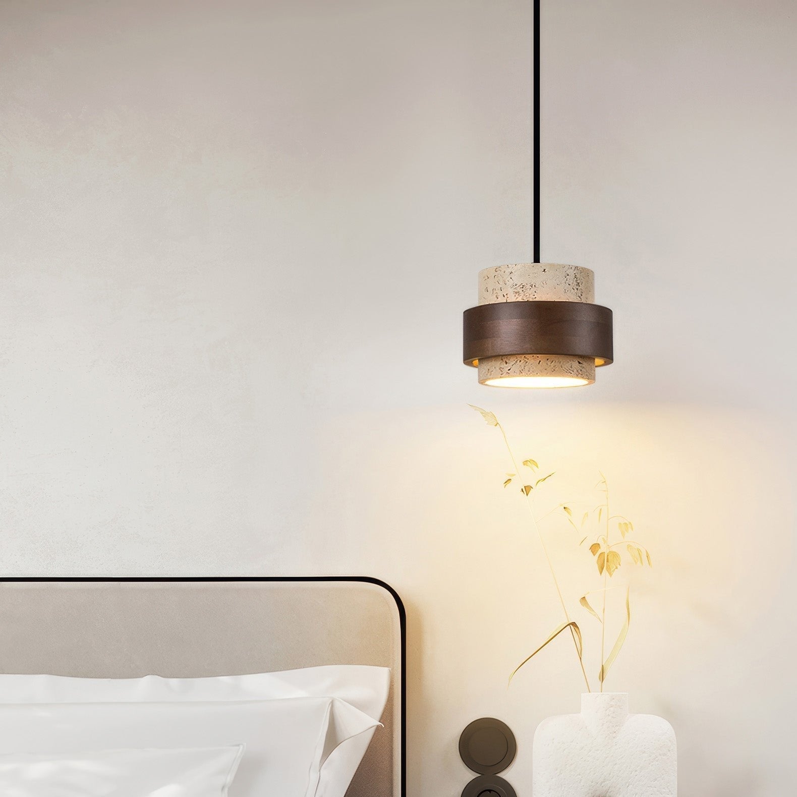 Lampa wisząca z kamienia naturalnego i drewna, styl wabi-sabi, regulowana, do jadalni, baru i kuchni, oświetlenie z 1, 2, 3 lub 4 reflektorami LED | Sansoti